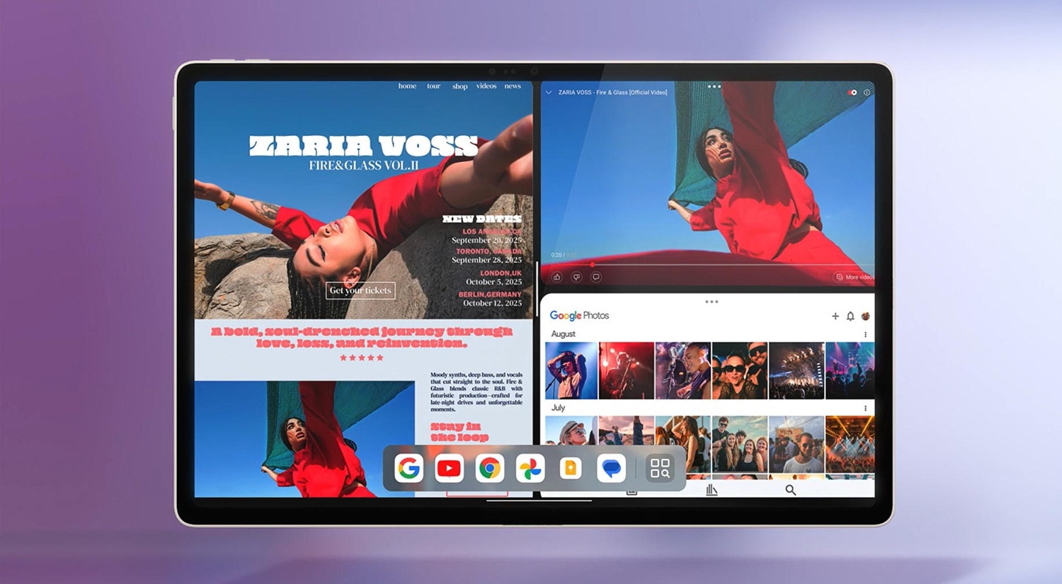 Image de Lenovo TurboVision montrant un écran divisé et des fenêtres flottantes avec quatre applications fonctionnant simultanément pour un mode multitâche avancé sur tablette.