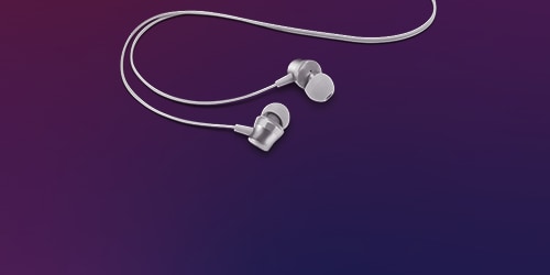 A Lenovo 110 Analog In-Ear Headphone is featured on a background.