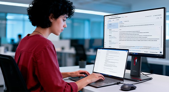 Women in a blue shirt working in an open case ThinkBook 14 Gen 6 Intel (14″).