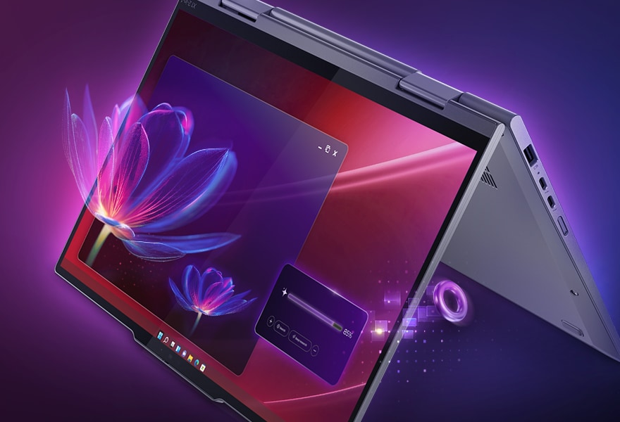 Lenovo ThinkPad X1 Yoga Gen 10 Aura Edition in tent mode on a modern desk, highlighting its flexible 2-in-1 design, vibrant display, and premium aluminum finish.