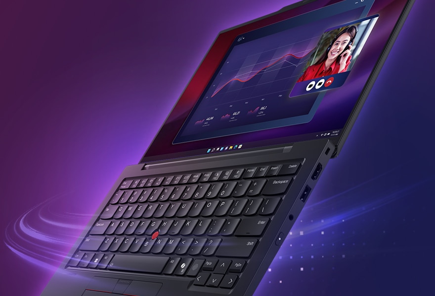 Lenovo ThinkPad X1 Carbon Gen 13 Aura Edition open on a sleek desk, showcasing its thin design, high-resolution display, and signature red TrackPoint in a stylish workspace setting.