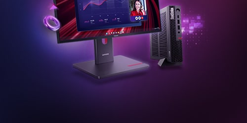 Desktop computer setup with a Lenovo monitor displaying a vibrant red and purple interface, a tower PC beside it, and a glowing purple geometric ornament on a dark gradient background.