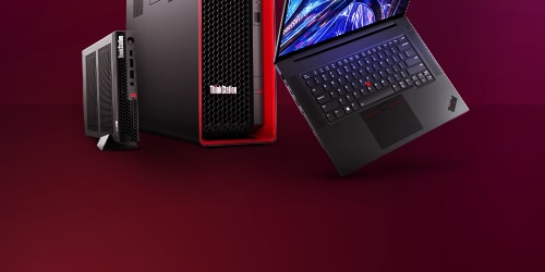 A Lenovo Thinkstation Tiny PC, Thinkstation PX Tower PC and Thinkstation Laptop are placed side by side on a purple background