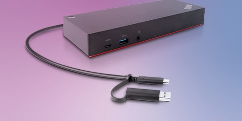 A ThinkPad Hybrid USB-C with USB-A Dock is featured on a background.