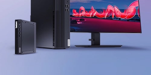 Deux ordinateurs de bureau ThinkCentre, l’un de tout petit format et l’autre, une tour, sont placés à côté d’un moniteur ThinkVision. Le tout dans un fond bleu clair.