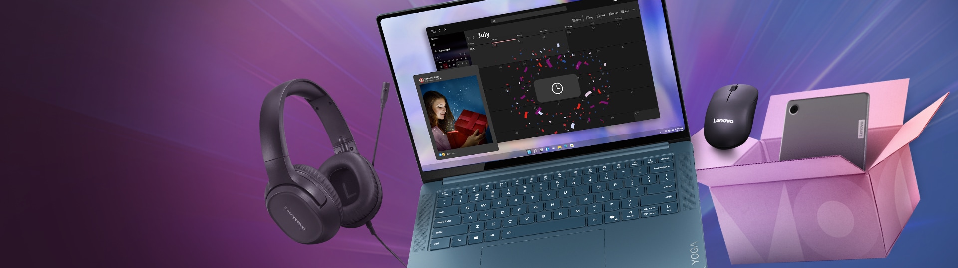 Un portable Yoga avec casque IdeaPad posé à côté, une souris Lenovo et une tablette sur un fond mauve.