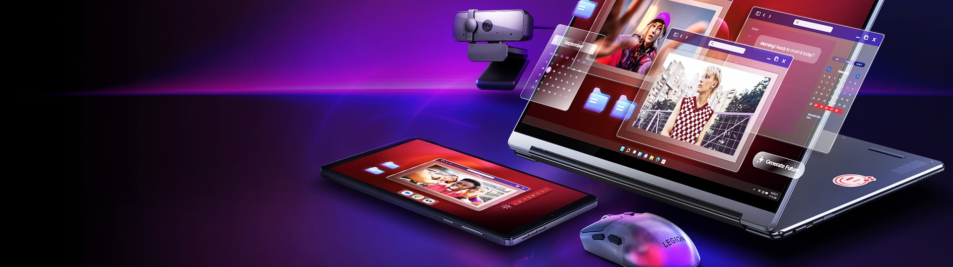 A collage of tech  devicese including a Yoga  laptop, a Lenovo tablet, and a Legion mouse with holographic screens and a purple glow.