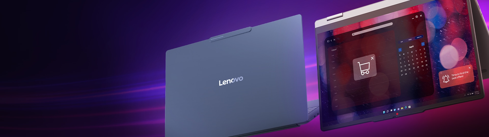 An image featuring two Lenovo laptops against a colorful purple background. One laptop shows its closed lid with the Lenovo logo, while the other displays an open screen with a calendar and shopping cart interface.