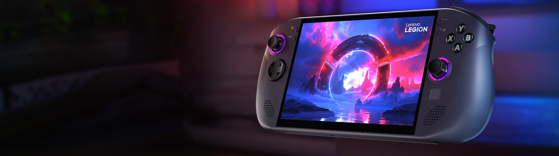 Lenovo Legion Go S handheld gaming PC with integrated controller and vibrant gaming display featuring a futuristic portal scene.