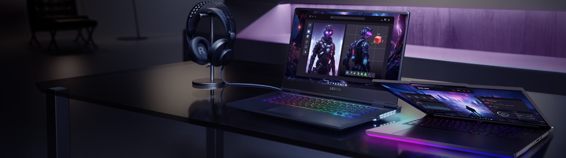 Portable Legion sur un bureau avec accessoires de jeux