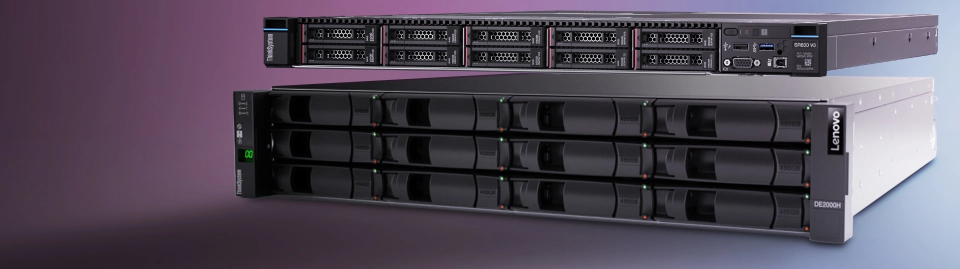 2 Lenovo ThinkSystem ST650 V2 Tower on top of each other and a Lenovo Storage D1212 Rack server to the right on a purple gradient background.