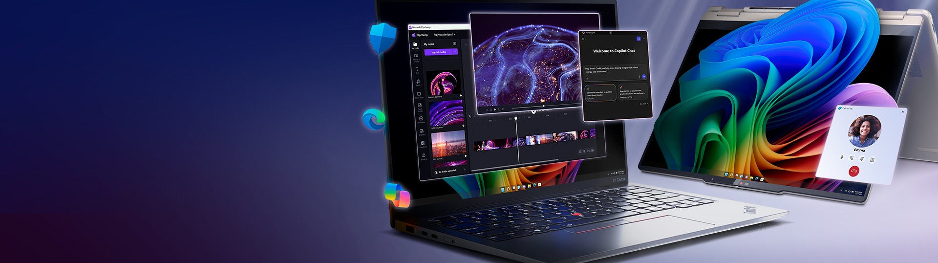 A Thinkpas and a Yoga 2-in-1 laptops , showing colorful screeens, widgets, and a call image.