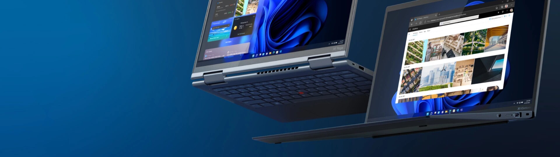 Lenovo ThinkPad X1 Yoga Gen 7 and X1 Carbon Gen 10 open with Windows screen fill.