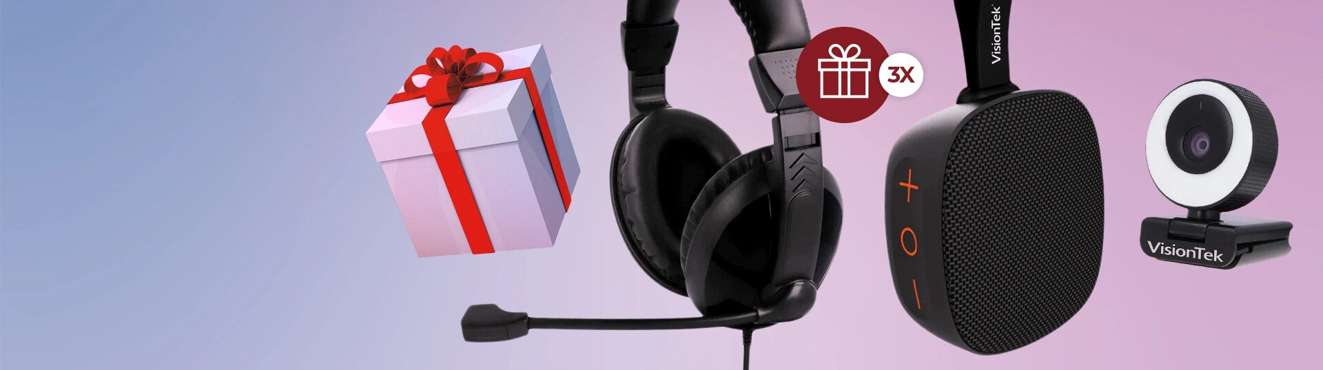 A My Lenovo Rewards giftbox and 3X icon with a VisionTek headset, speaker and webcam