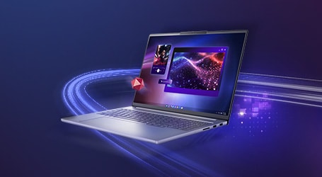 A 2-in-1 Lenovo Laptop  with a colorful digital display, set against a purple tech background.