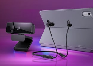 A Lenovo Folio Case for Tab M9, a Lenovo Bluetooth In-Ear Headphones and a Lenovo Essential FHD Webcam are featured on a brightly-colored background with a metallic gift box in the background.