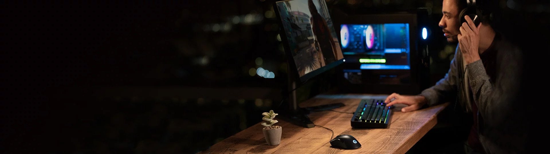 Legion Gaming Keyboard, Mouse and headset on a desk.