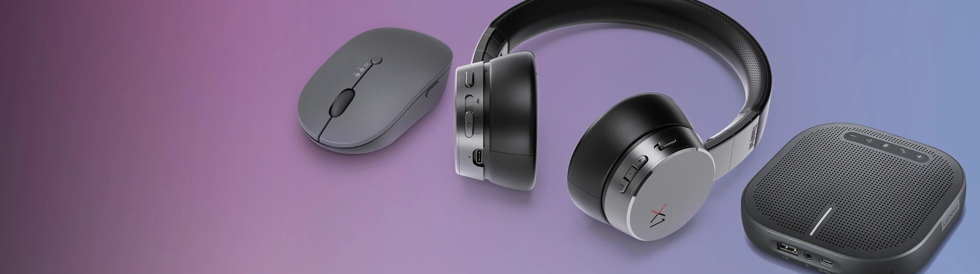 A ThinkPad X1 Active Noise Cancelling Headphones, a Lenovo Go USB-C Wireless Mouse and a Wireless VoIP Speakerphone are featured on a background.