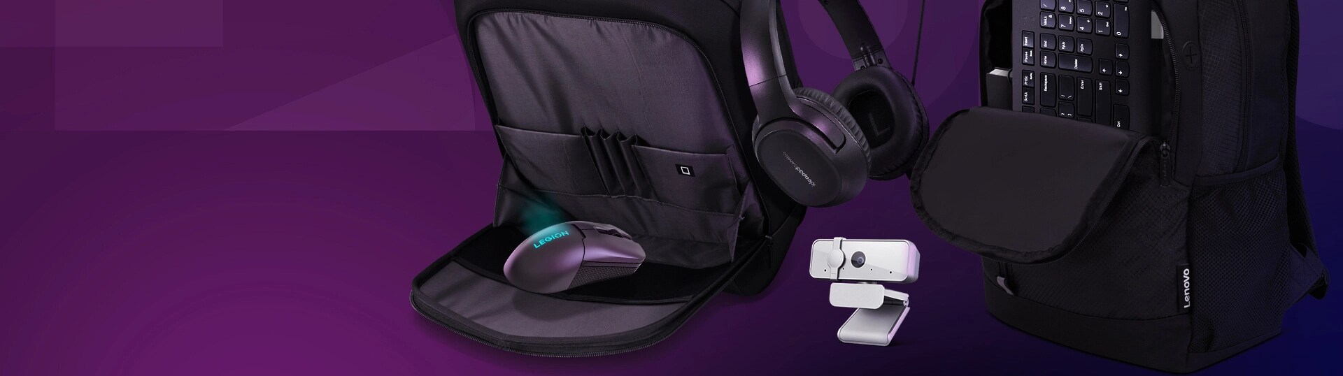 A Legion 17” Armored Backpack II, an Ideapad H100 Gaming Headset, a Lenovo Select Targus 16