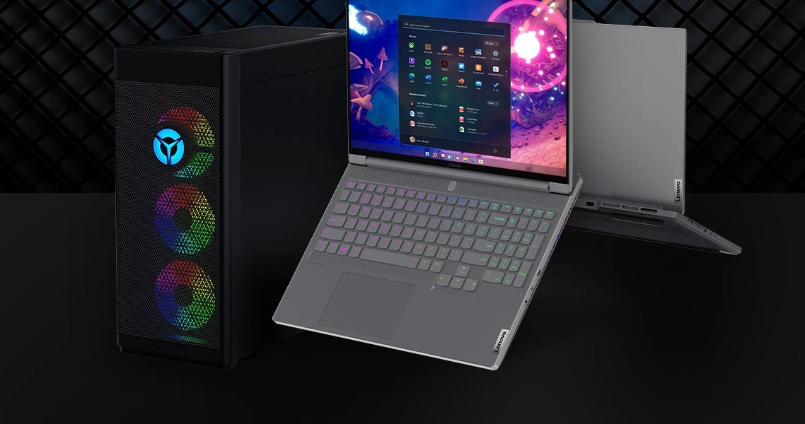 Legion tower & two Legion laptops shown together.