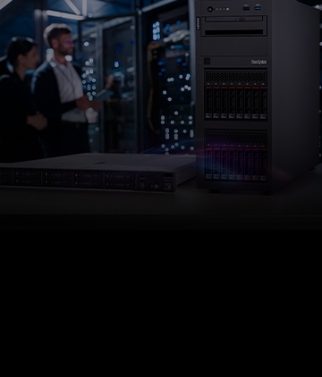 Rack-mounted Lenovo AI servers in a modern data center with glowing blue lights representing high-performance computing and artificial intelligence workloads