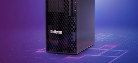 Close-up of a Lenovo ThinkSystem tower server on a digital purple background