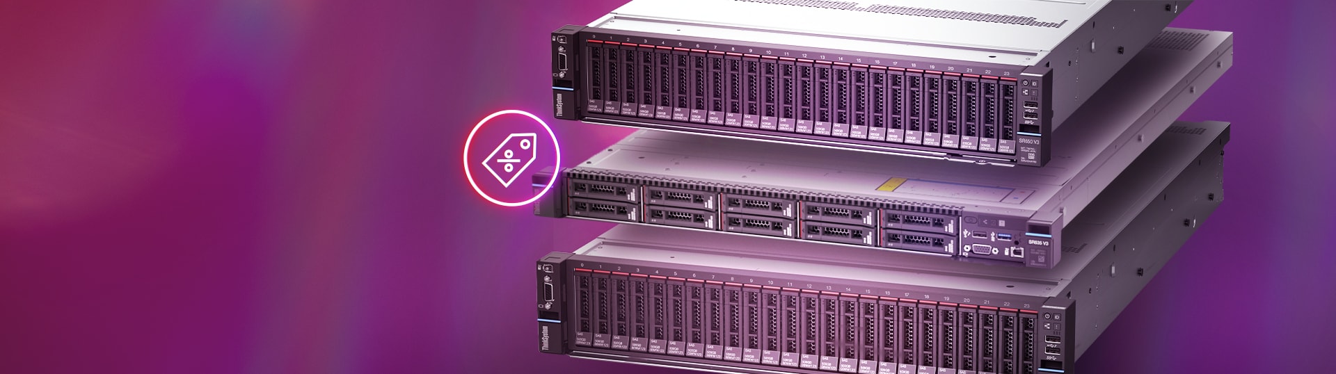 Image de deux serveurs Lenovo : à gauche, un serveur ThinkSystem ST650 V3 et à droite, une baie de serveur V4 avec icône d’horloge, mettant en évidence une promotion spéciale.