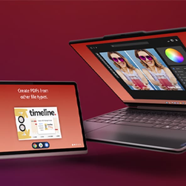 Two tablets with detachable keyboards are shown; one displays a PDF creation screen, and the other shows photo editing software with a color wheel and image adjustments.