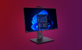 A Lenovo ThinkCentre All in One PC is placed in a purple background. 