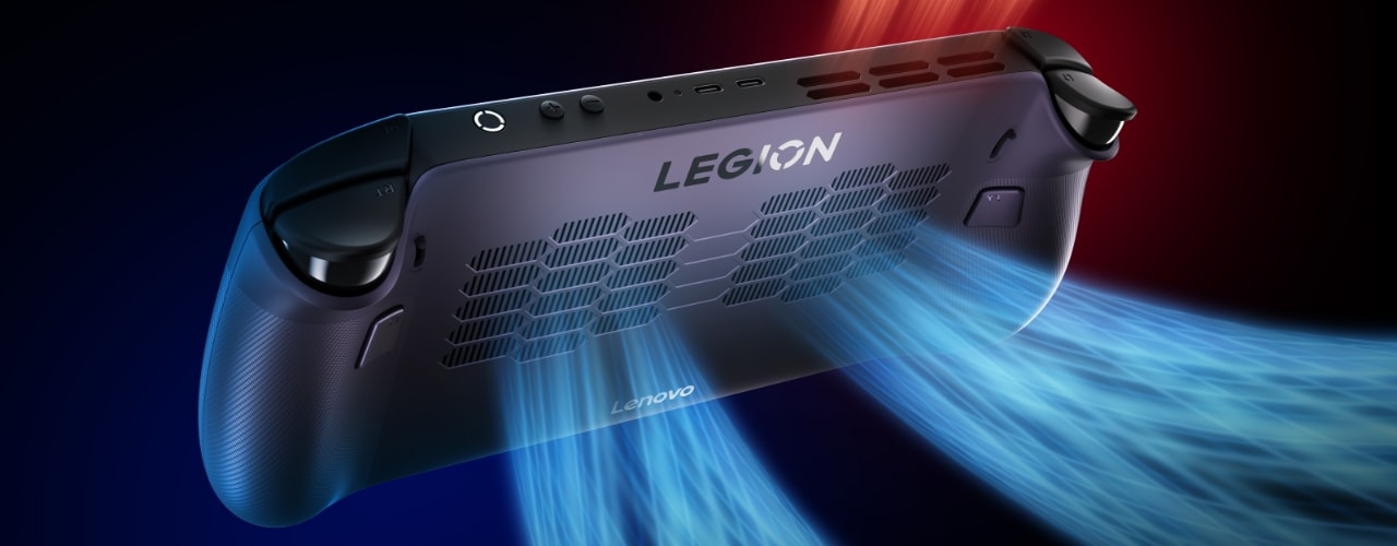 Rear view of Lenovo Legion Go S Gen 1 (8") with visualized airflow and cooling technology effects.