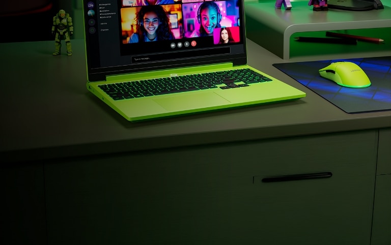 LOQ laptop with wireless mouse and green lock icon, symbolizing secure computing and device protection.