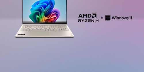 A Yoga 7 laptop is placed open, facing front on a light blue background. Above the PC, an AMD  Ryzen AI logo.