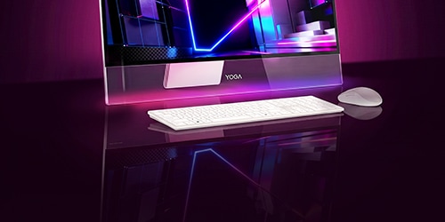 New Lenovo Yoga All-in-One desktop with keyboard and mouse on a neon-lit purple background.