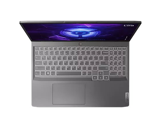 Lenovo LOQ 16IRH8 gaming laptop—from above, lid open, with white backlit keyboard