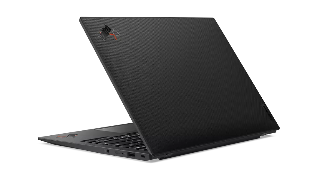 Rear side of Lenovo ThinkPad X1 Carbon Gen 11 laptop open, showcasing Carbon-Fiber Weave.