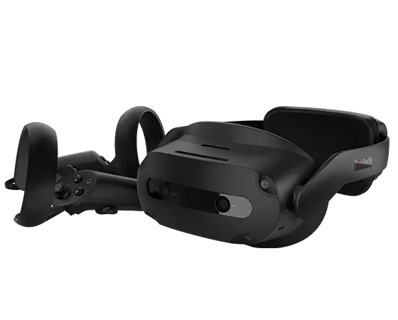 Lenovo ThinkReality VRX headset with controllers in left three-quarter view