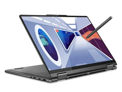 YLenovo Yoga 7i 14 inch gen 8 featured in tent mode with a stylus pen