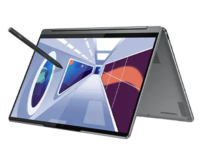 Lenovo Yoga 9i 14 inch gen 8 featured in tent mode with a stylus pen