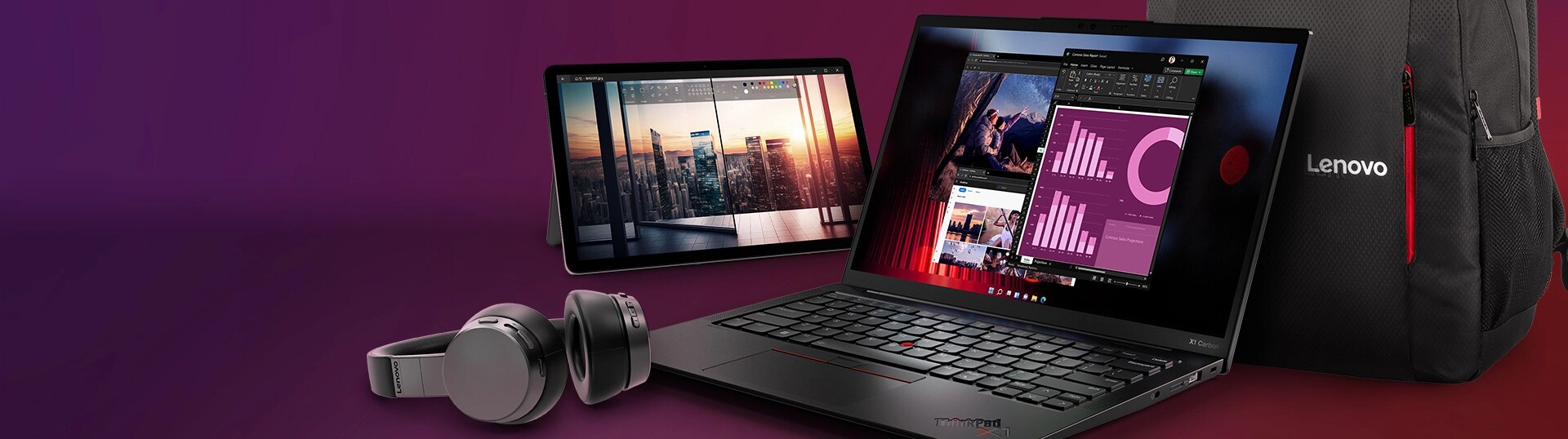 Portable Think X1 Carbon noir, tablette Lenovo avec stylet, écouteurs sans fil, sac à dos noir