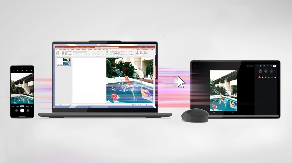 A mobile phone, a Lenovo laptop, and a Lenovo Idea Tab Plus tablet, controlled by a wireless mouse as they share files