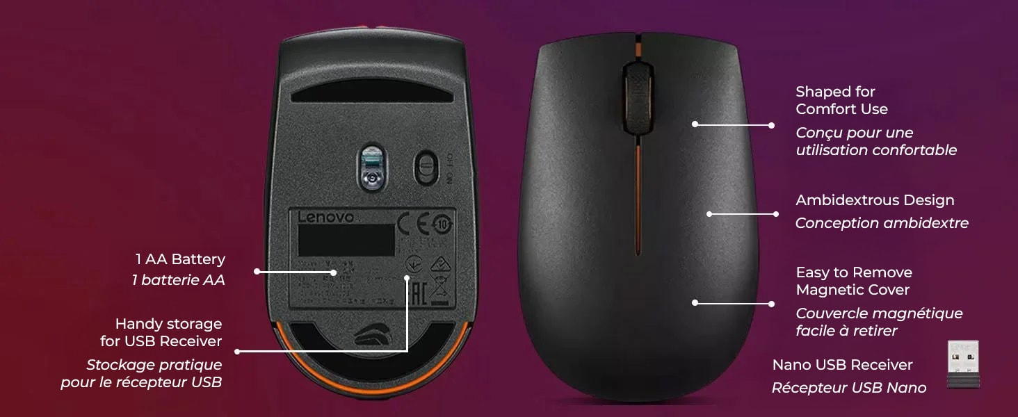 Lenovo 300 Wireless Compact Mouse (Arctic Grey) with battery