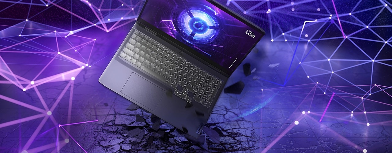 Lenovo LOQ 16IRH8 gaming laptop—lid open, floating against graphic fractal background, with LOQ logo on the display