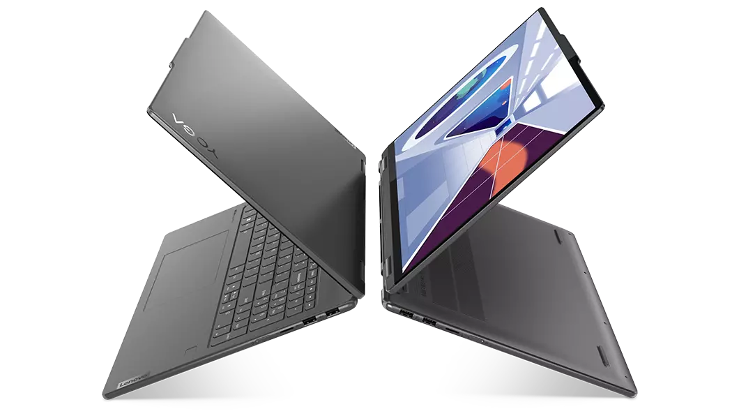 Yoga 7i Gen 8 laptop in laptop mode facing left and Yoga 7i Gen 8 laptop in presentation mode facing right