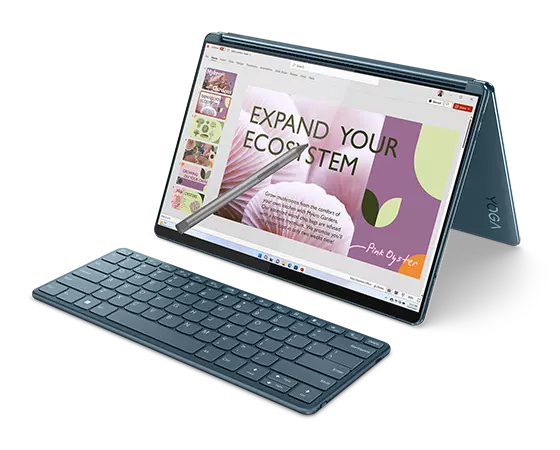 Yoga Book 9i Gen 8 (13″ Intel) featured in tent mode with pen included