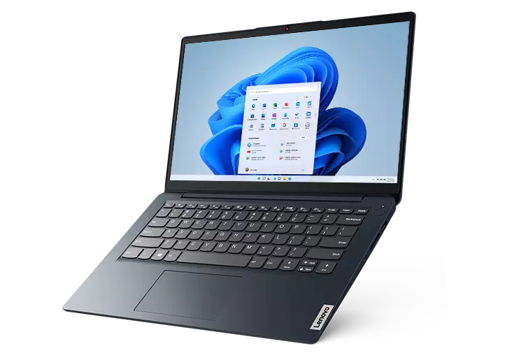 IdeaPad 1 Gen 7 (14″ AMD) tilted and open, front facing left, Windows 11 home screen