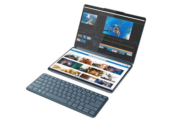 Yoga Book 9i Gen 8 (13″ Intel) front-facing left with Bluetooth® keyboard