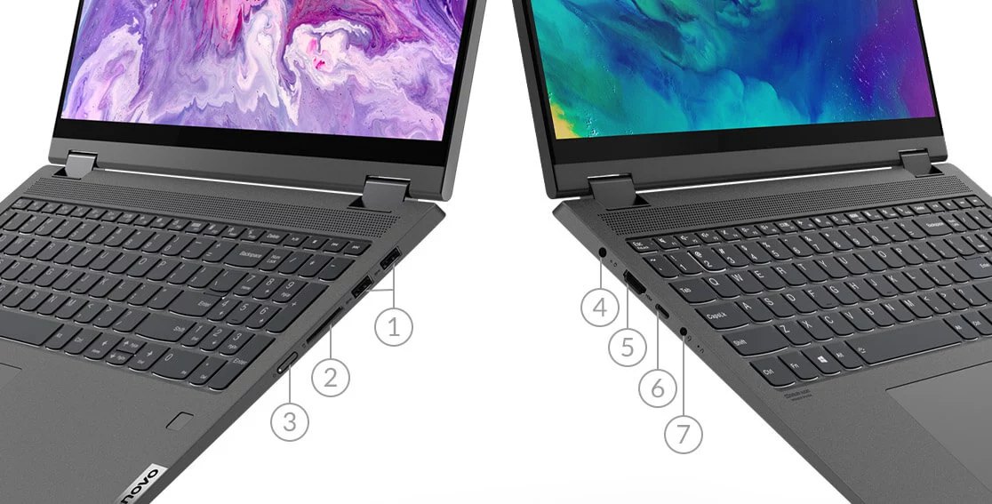 Lenovo IdeaPad Flex 5 Gen 5 laptop left and right side views showing ports and slots.