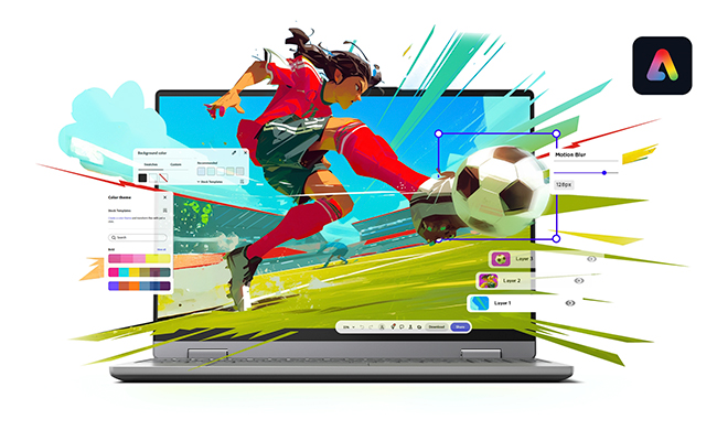 Beneath an Adobe logo, a soccer player emerges from the display of the Lenovo IdeaPad Slim 3i Gen 11 (15&Prime; Intel) laptop. מחשב נייד IdeaPad Slim 3&nbsp;15IWC11 83RR00E1IV&nbsp;מבית&nbsp;Lenovo