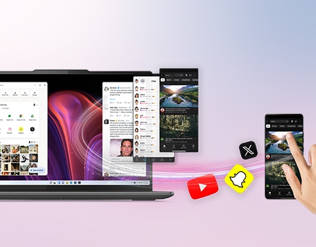 Líneas giratorias e iconos de aplicaciones conectan un teléfono inteligente y una laptop Lenovo IdeaPad Slim 3i Gen 11 (14” Intel).