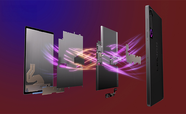 An exploded view showing the elements of the Legion Coldfront: Vapor thermal system from an Eclipse Black Lenovo Legion Tab Gen 5 (8.8" Snapdragon) gaming tablet in portrait orientation.
